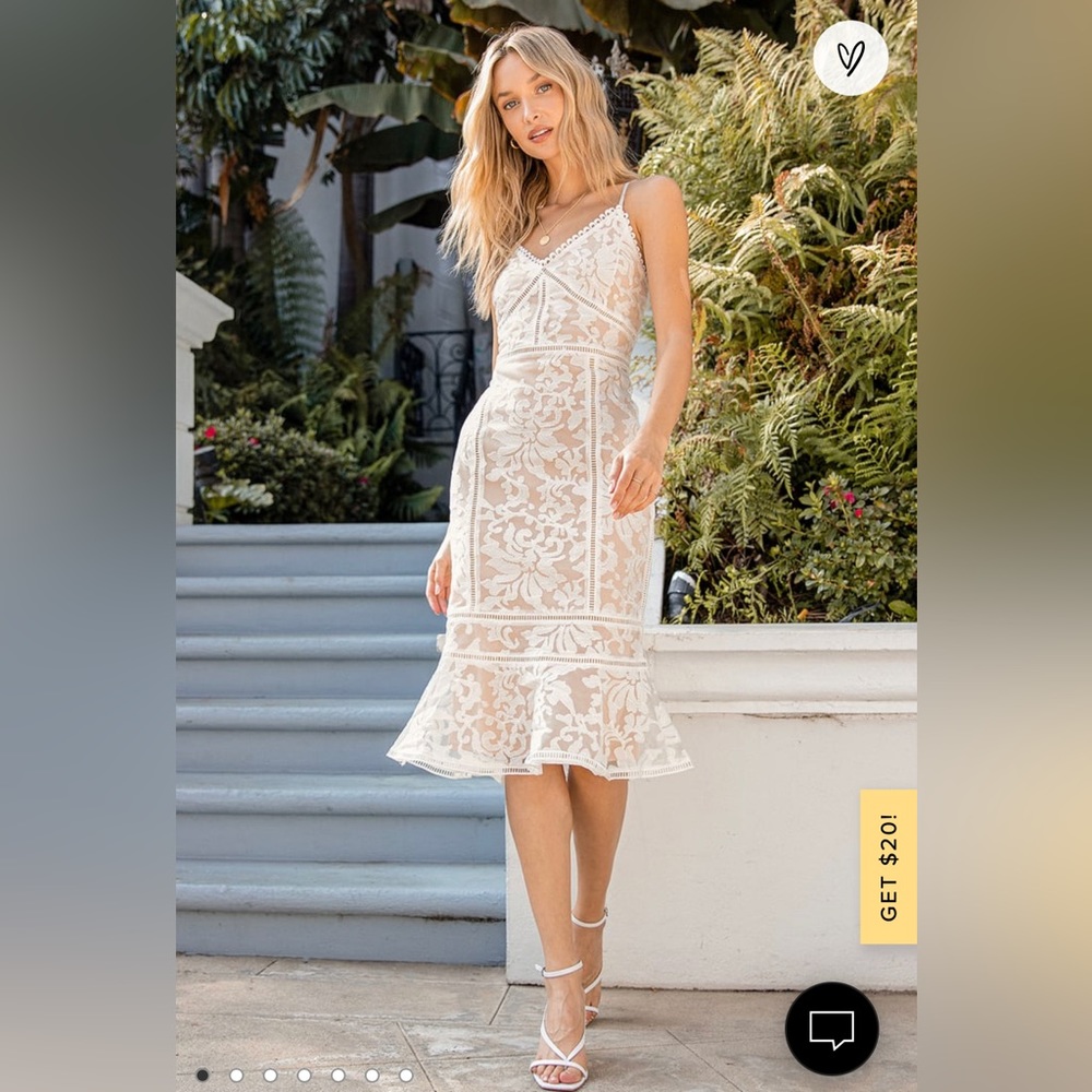 Lulus Alluring Love White and Nude Lace Trumpet Hem Midi Dress